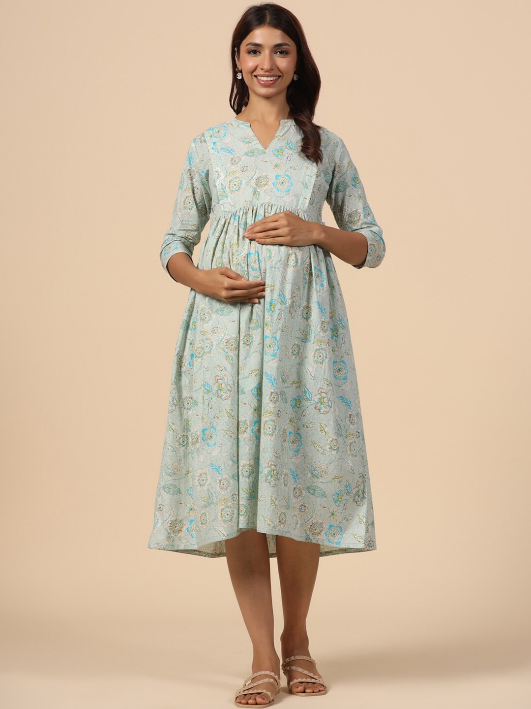 

CRAFIQA Floral Printed Pure Cotton Maternity Fit & Flare Midi Ethnic Dress, Blue
