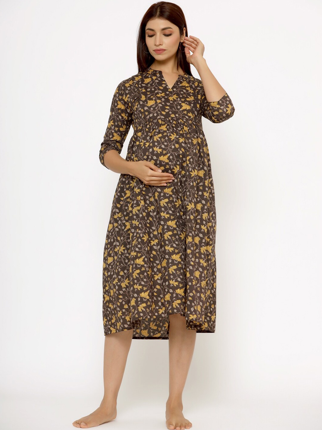 

CRAFIQA Floral Printed Pure Cotton Maternity Midi Nightdress, Brown