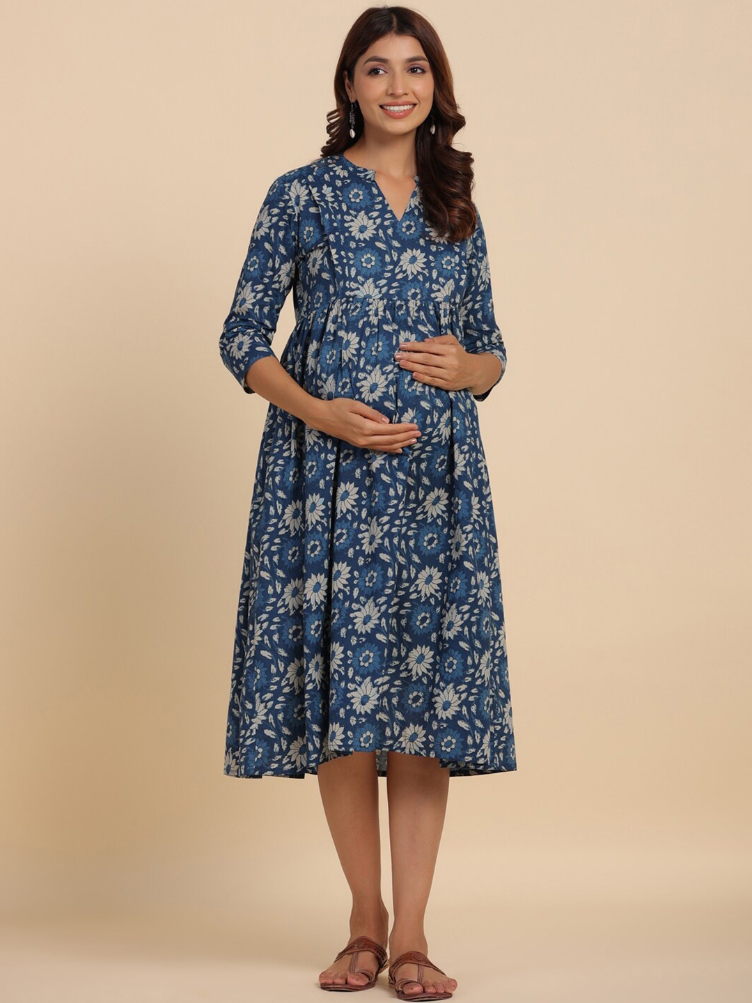 

CRAFIQA Printed Pure Cotton Maternity Fit & Flare Midi Ethnic Dress, Blue