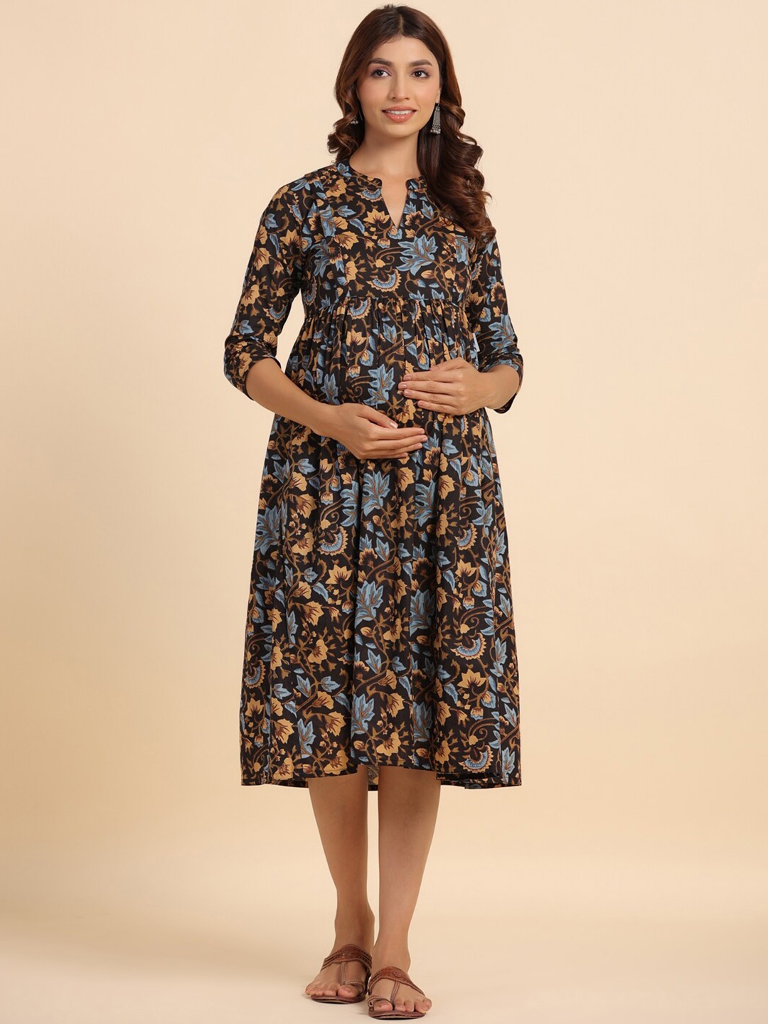 

CRAFIQA Floral Printed Pure Cotton Maternity Fit & Flare Midi Ethnic Dress, Black