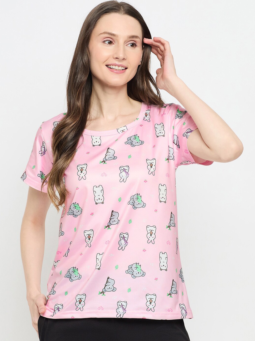 

Camey Women Printed Extended Sleeves Pockets T-shirt, Pink