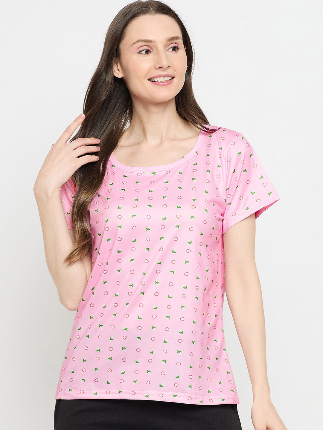 

Camey Women Printed Drop-Shoulder Sleeves Pockets T-shirt, Pink