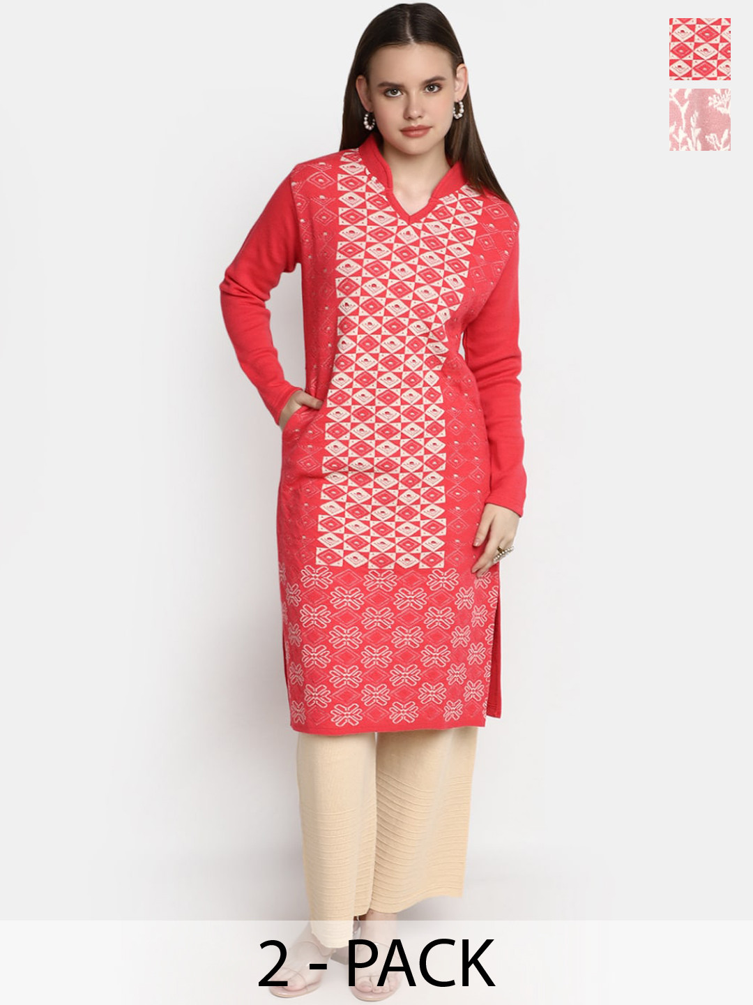 

V-Mart Women Floral Printed Flared Sleeves Chikankari Kurta, Pink