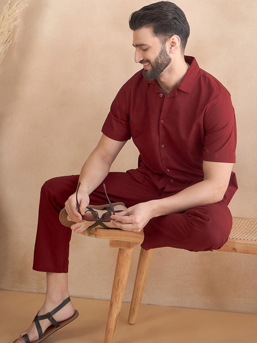 

HERE&NOW Cuban Collar Pure Cotton Shirt & Trousers, Maroon