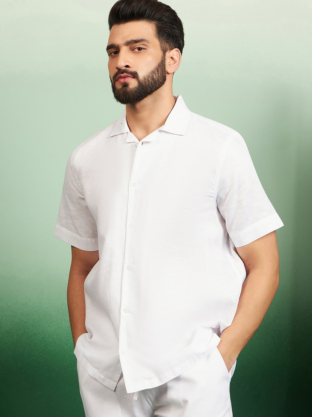 

HERE&NOW Cuban Collar Pure Cotton Shirt & Trousers, White