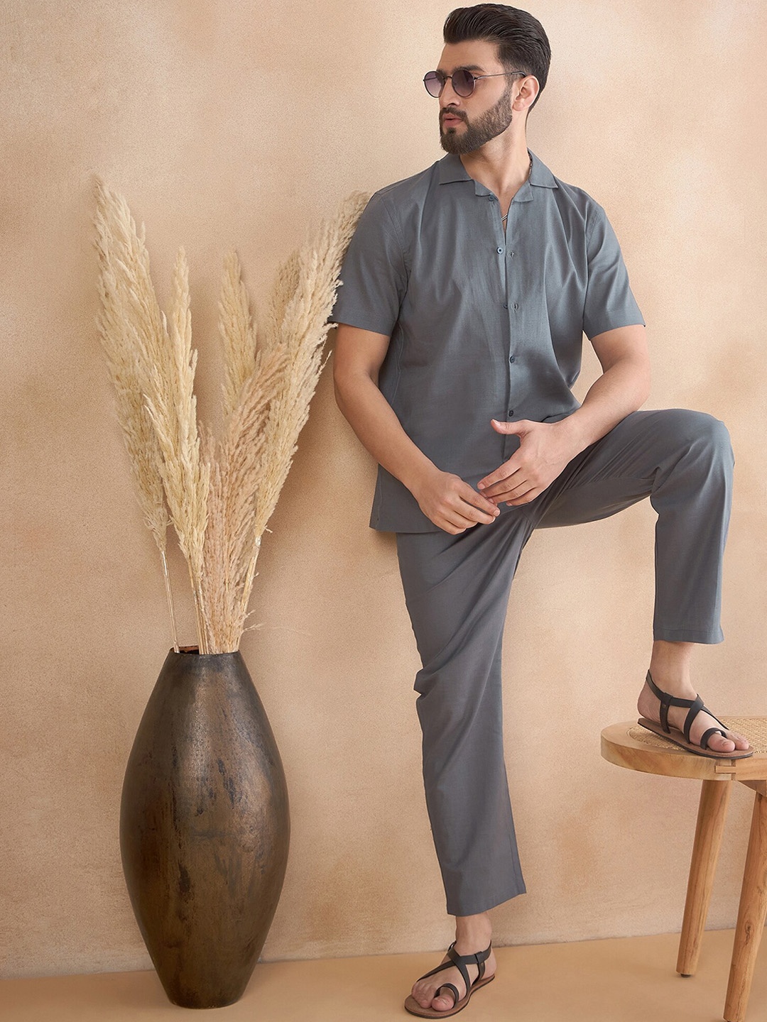 

HERE&NOW Cuban Collar Pure Cotton Shirt & Trousers, Grey