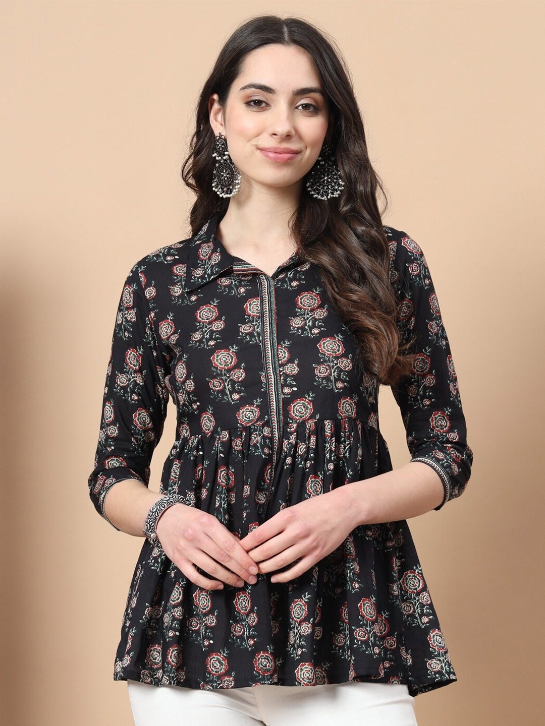 

Yufta Floral Print Cotton Top, Black