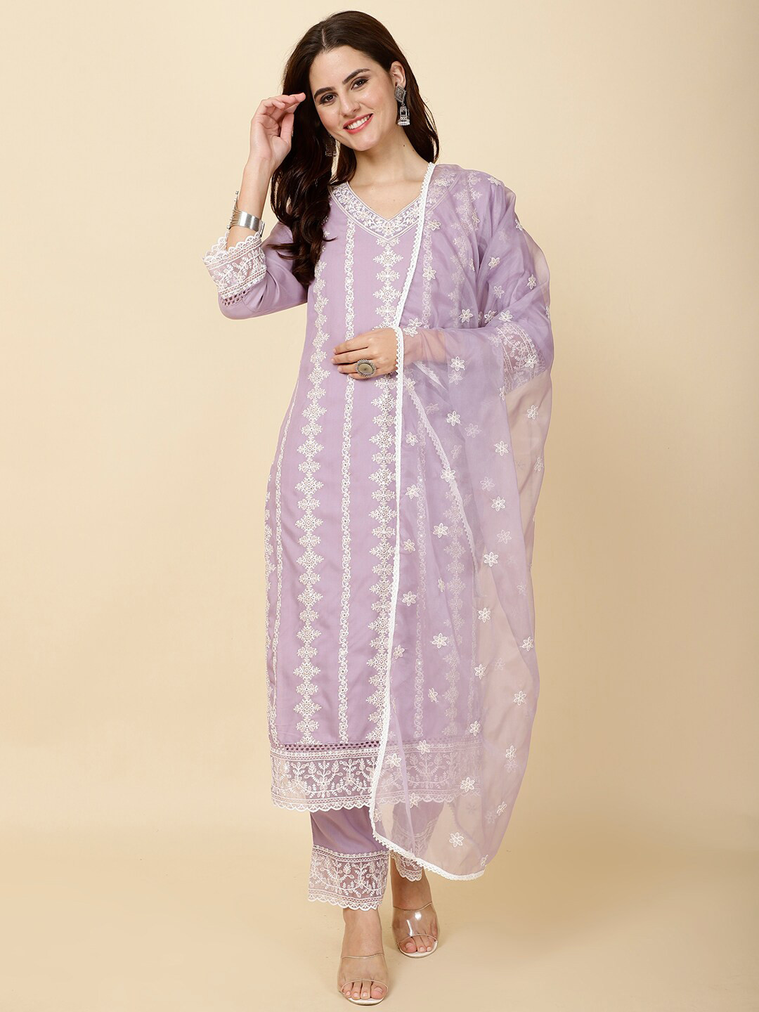

Meena Bazaar Ethnic Motifs Embroidered Sequined Kurta with Trousers & Dupatta, Lavender