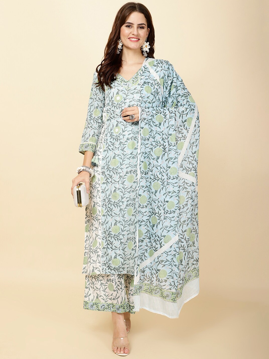 

Meena Bazaar Floral Printed Regular Kurta With Trousers & Dupatta, Blue