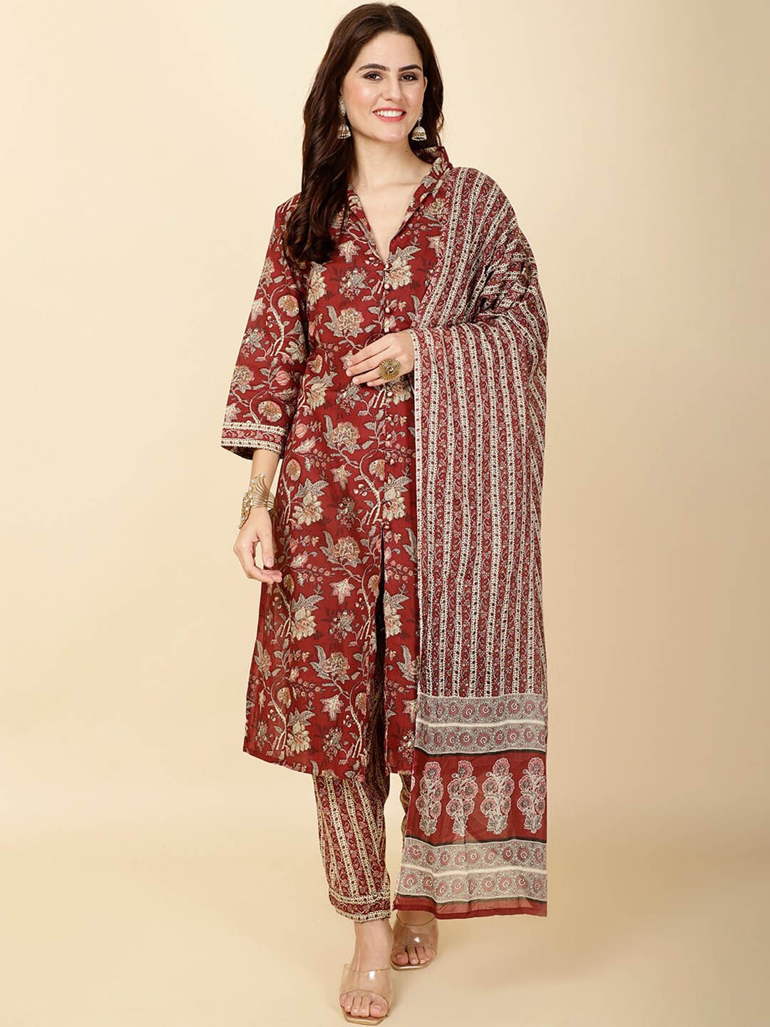 

Meena Bazaar Floral Printed A-Line Kurta With Trousers & Dupatta, Maroon