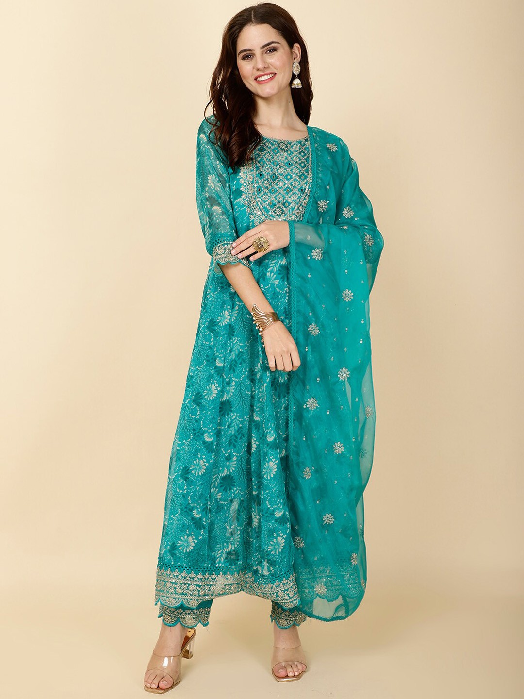 

Meena Bazaar Floral Printed Regular Sequined A-Line Kurta with Trousers & Dupatta, Blue