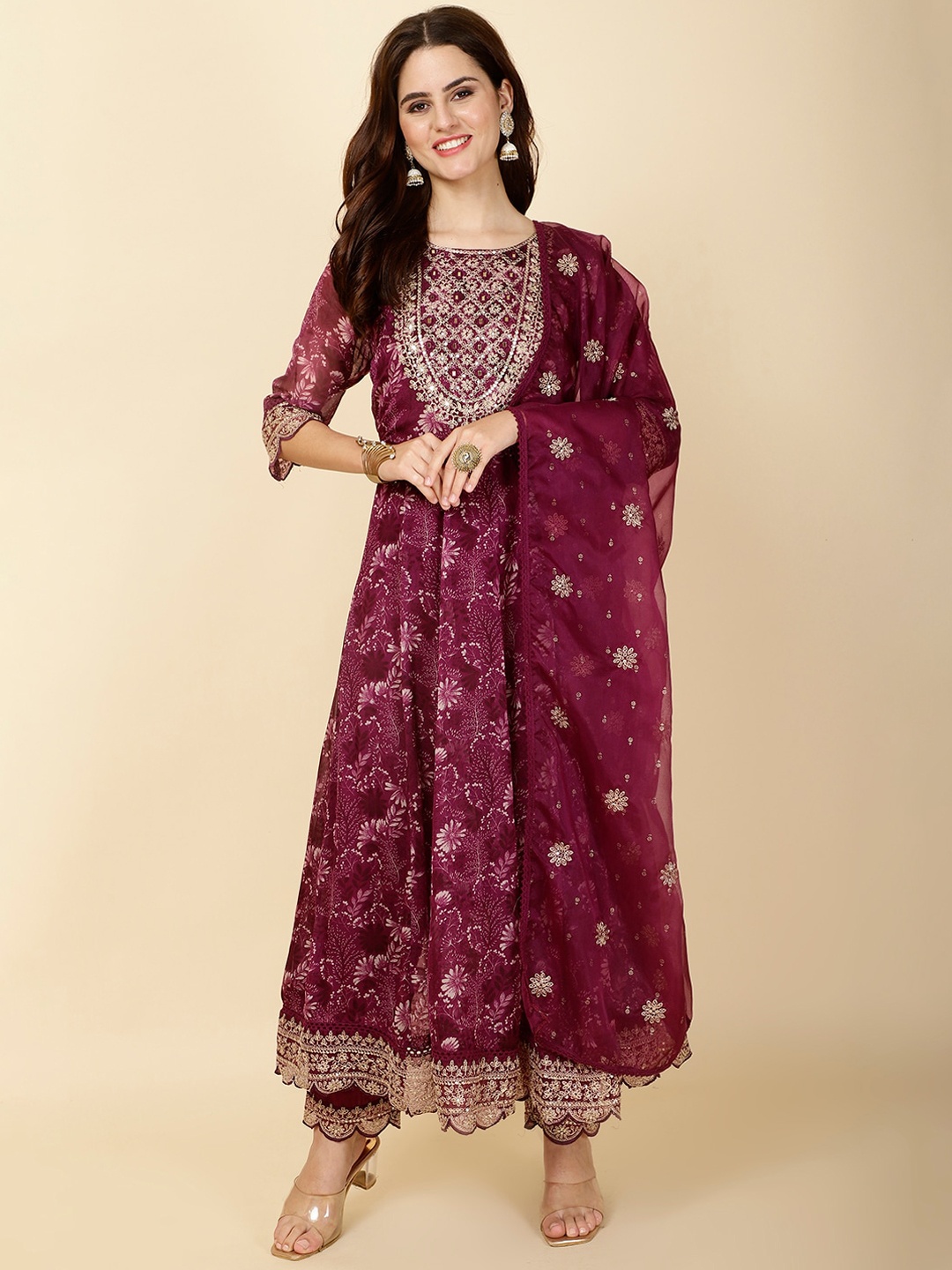 

Meena Bazaar Floral Printed Regular Kurta with Trousers & With Dupatta, Burgundy