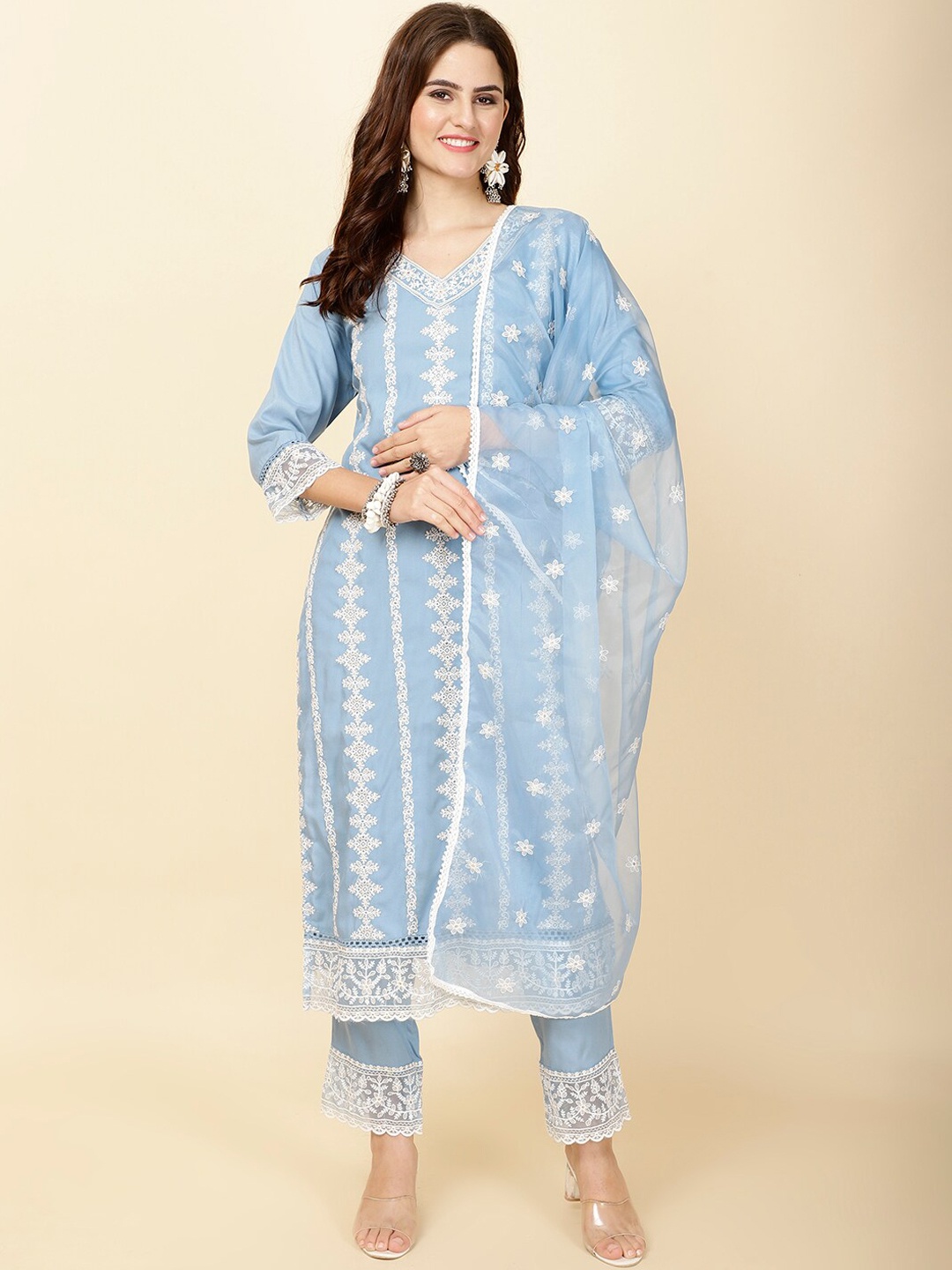 

Meena Bazaar Floral Sequinned Embroidered Regular Straight Kurta With Trousers & Dupatta, Blue