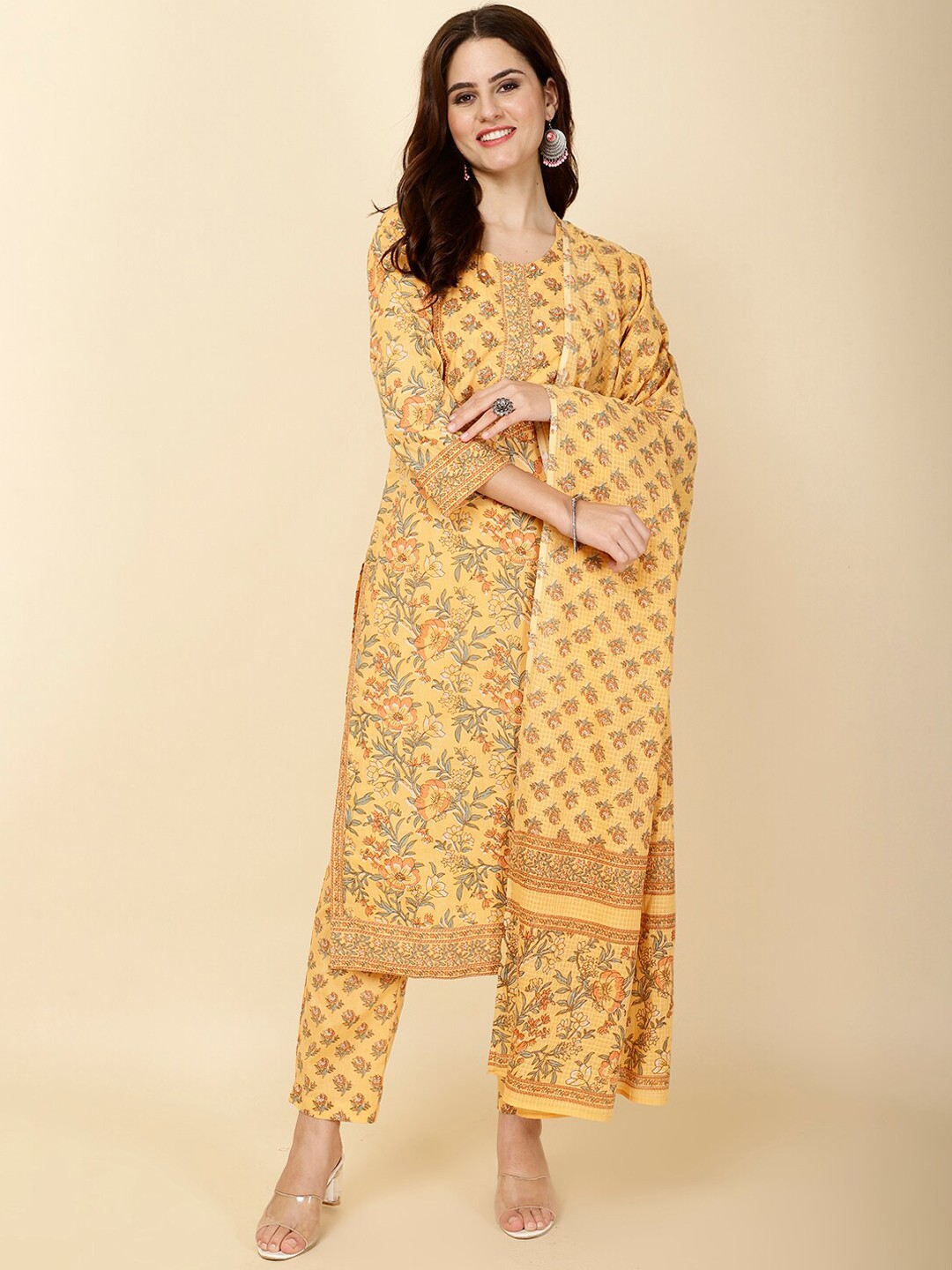 

Meena Bazaar Floral Printed Sequined Kurta with Trousers & Dupatta, Yellow