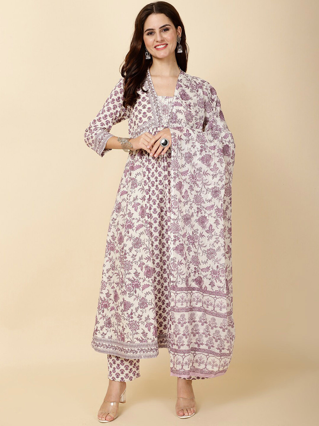 

Meena Bazaar Ethnic Printed A-Line Kurta with Trousers & Dupatta, Purple