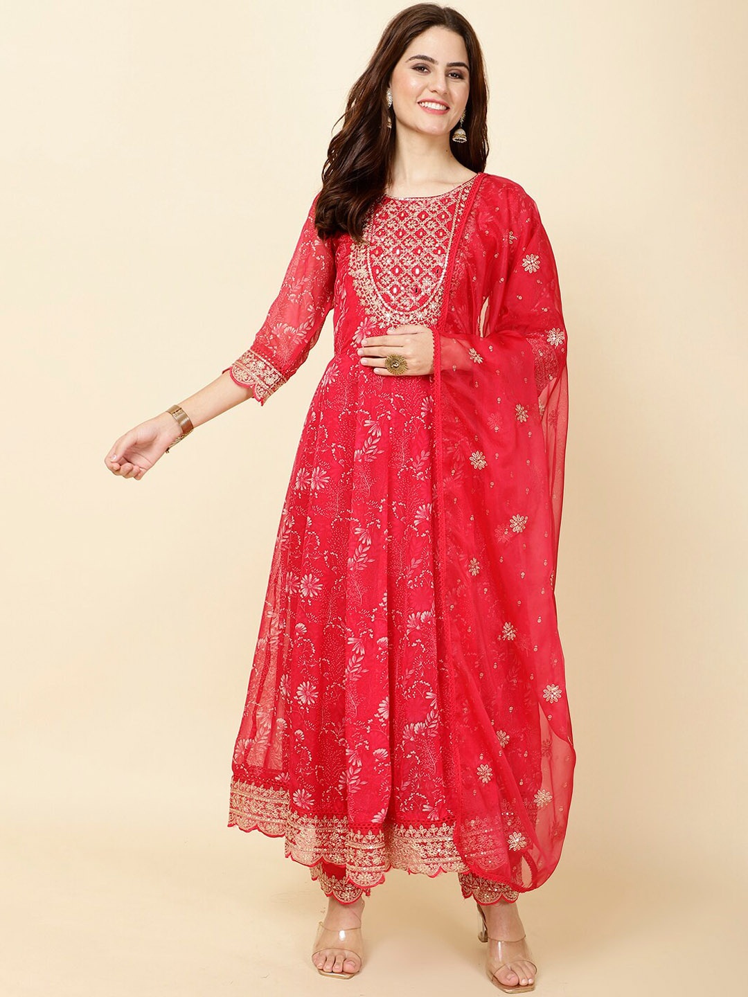 

Meena Bazaar Floral Printed Regular Sequinned Anarkali Kurta With Trousers & Dupatta, Pink