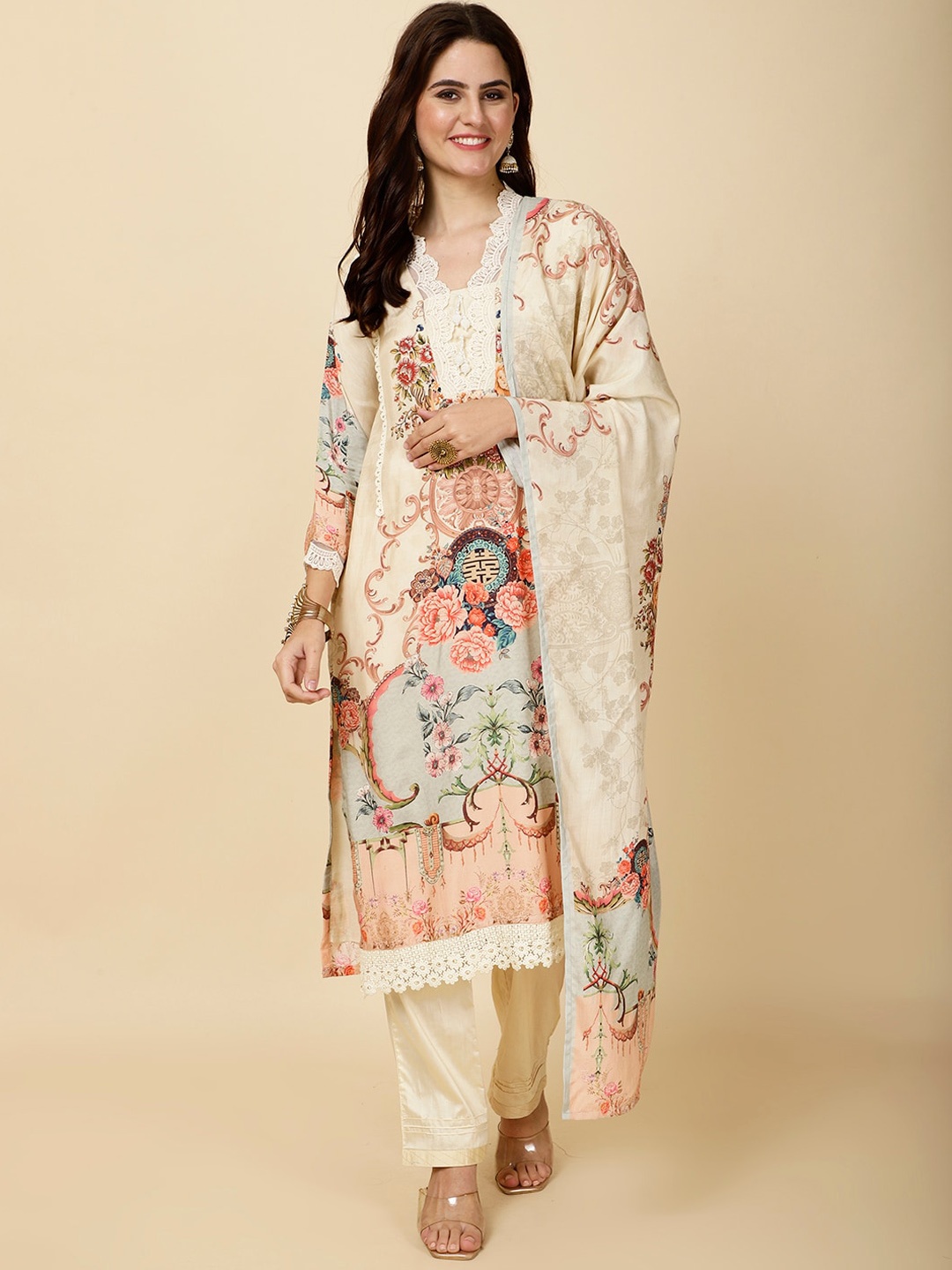 

Meena Bazaar Floral Printed Gotta Patti Kurta with Trousers & Dupatta, Cream