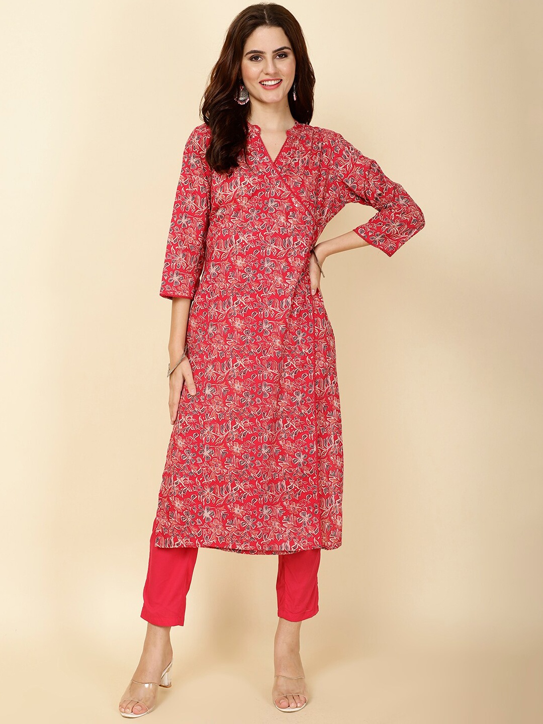 

Meena Bazaar Floral Printed Regular Sequinned Angrakha Style Kurta With Trouser, Pink