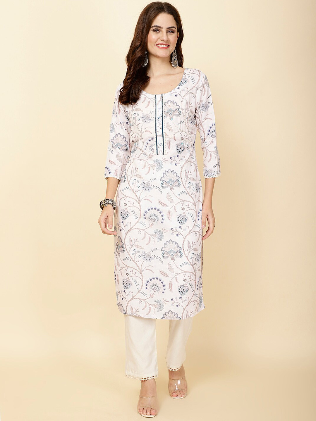 

Meena Bazaar Floral Printed Regular Straight Kurta With Trouser, Cream