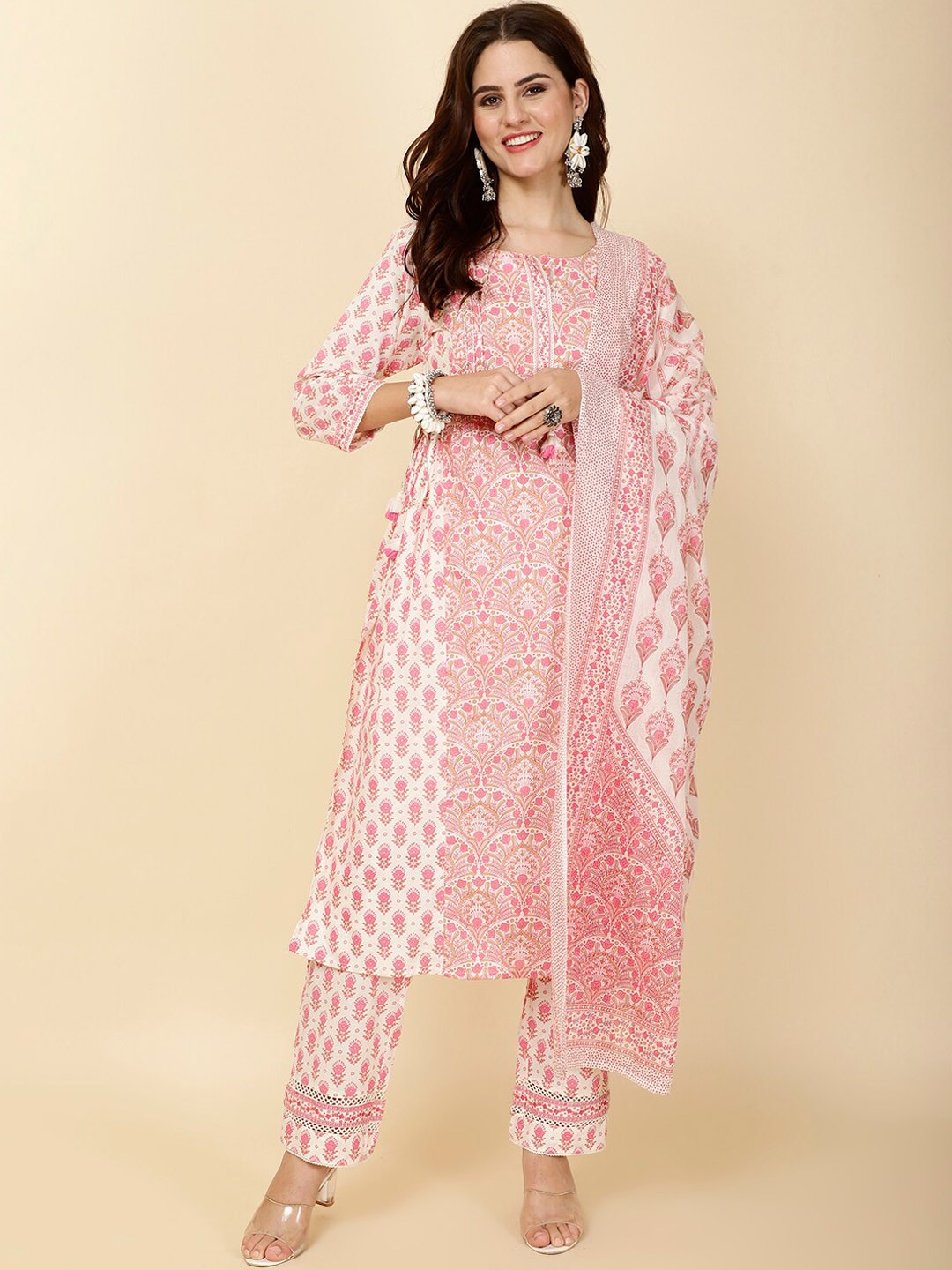 

Meena Bazaar Floral Printed Straight Kurta With Trousers & Dupatta, Cream