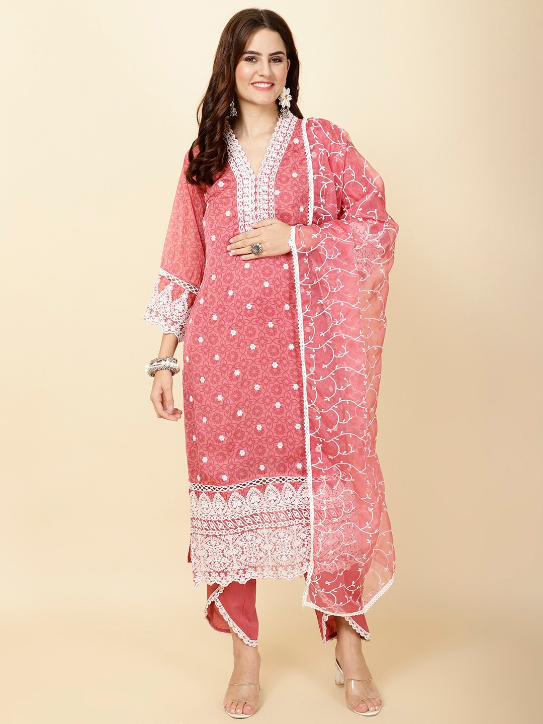 

Meena Bazaar Floral Embroidered Regular Straight Kurta With Trousers & Dupatta, Rust