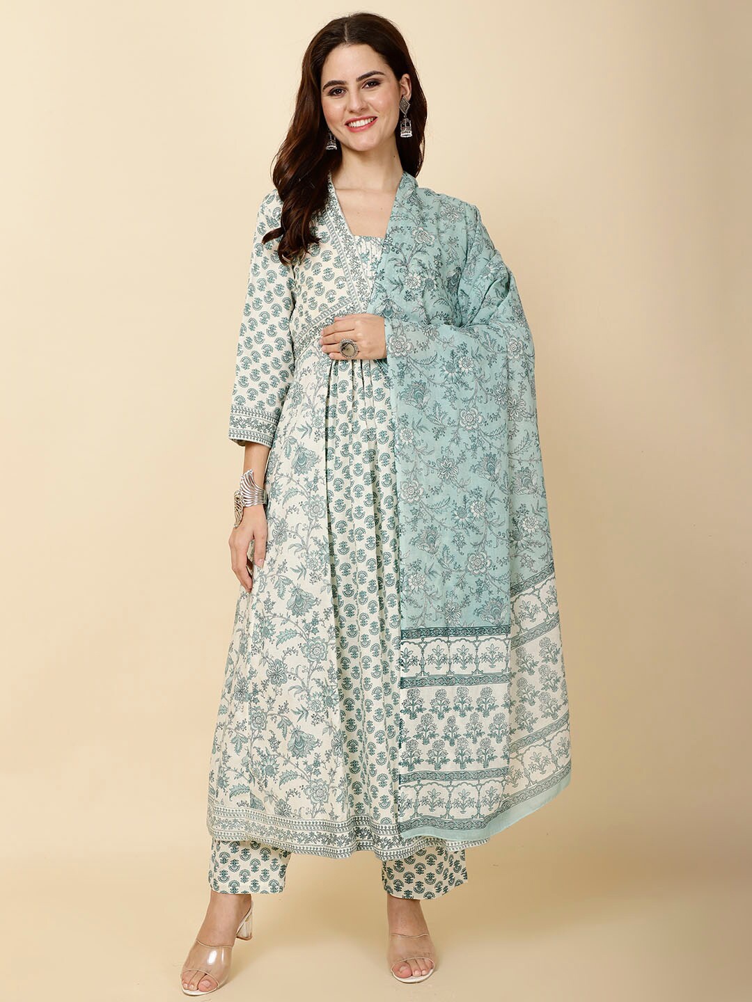 

Meena Bazaar Ethnic Motifs Printed Empire Kurta with Trousers & Dupatta, Green