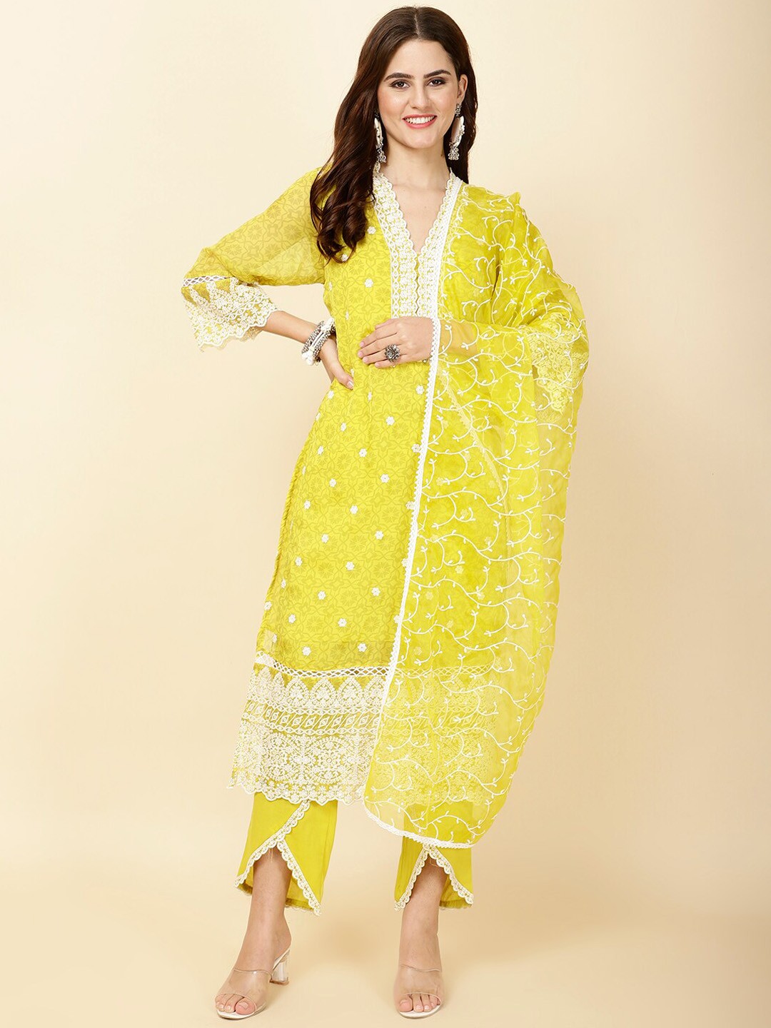 

Meena Bazaar Floral Embroidered Thread Work Straight Kurta With Trousers & Dupatta, Lime green