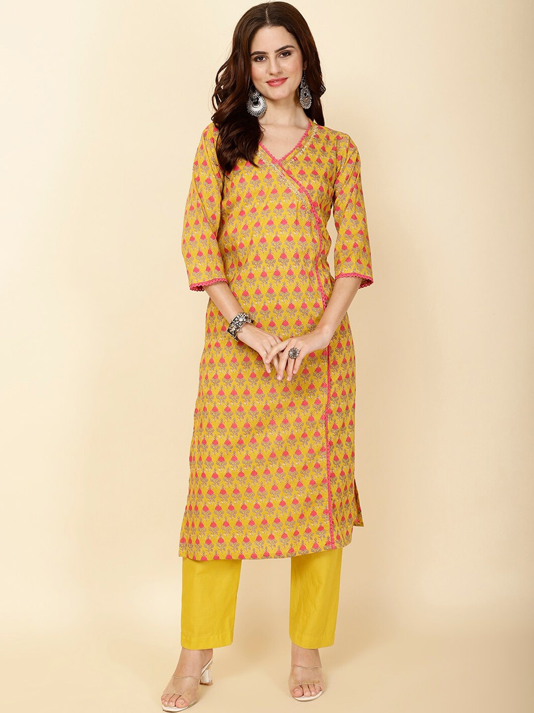 

Meena Bazaar Floral Printed Thread Work Angrakha Kurta with Trousers, Mustard