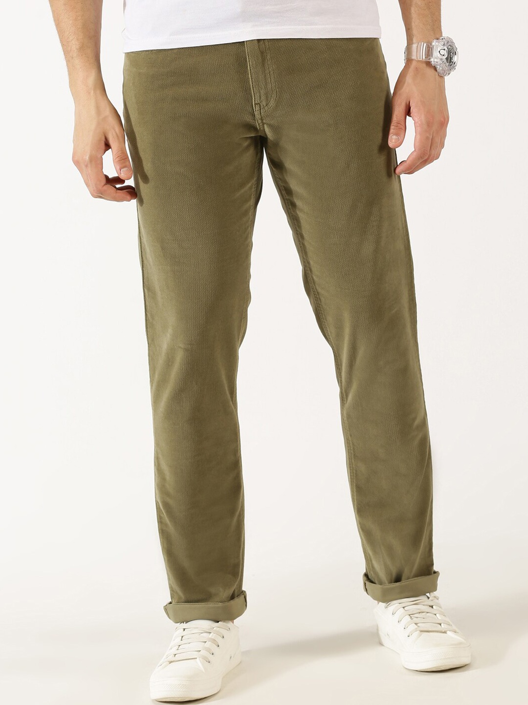 

Thomas Scott Men Mid-Rise Regular Fit Corduroy Chinos Trousers, Olive