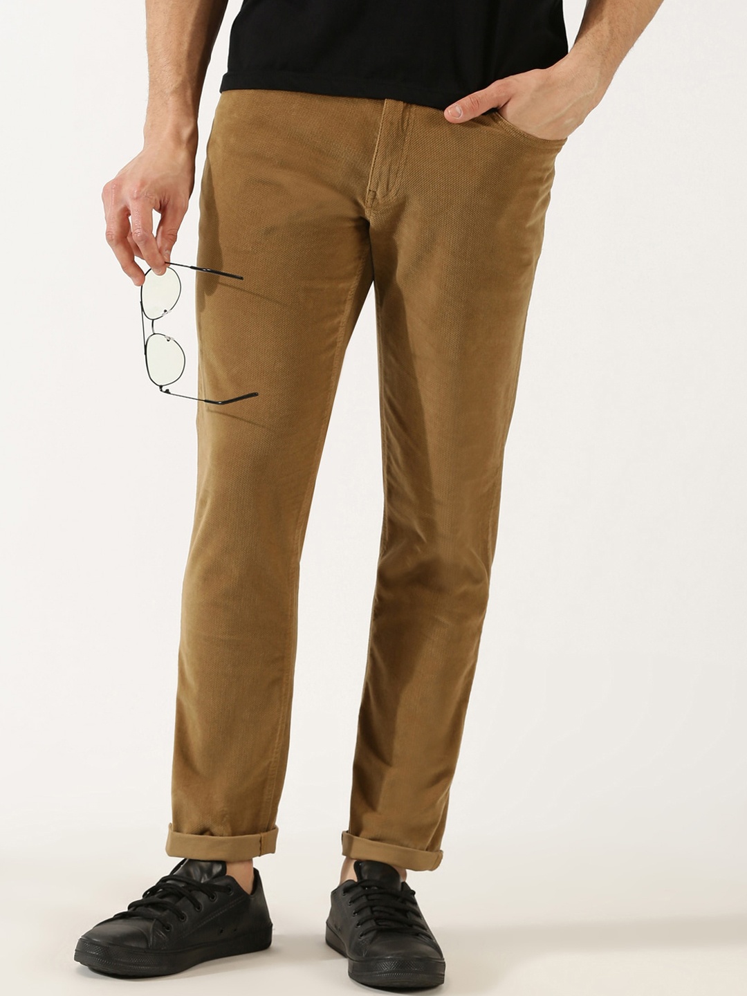 Thomas Scott Men Regular Fit Corduroy Chinos, Khaki
