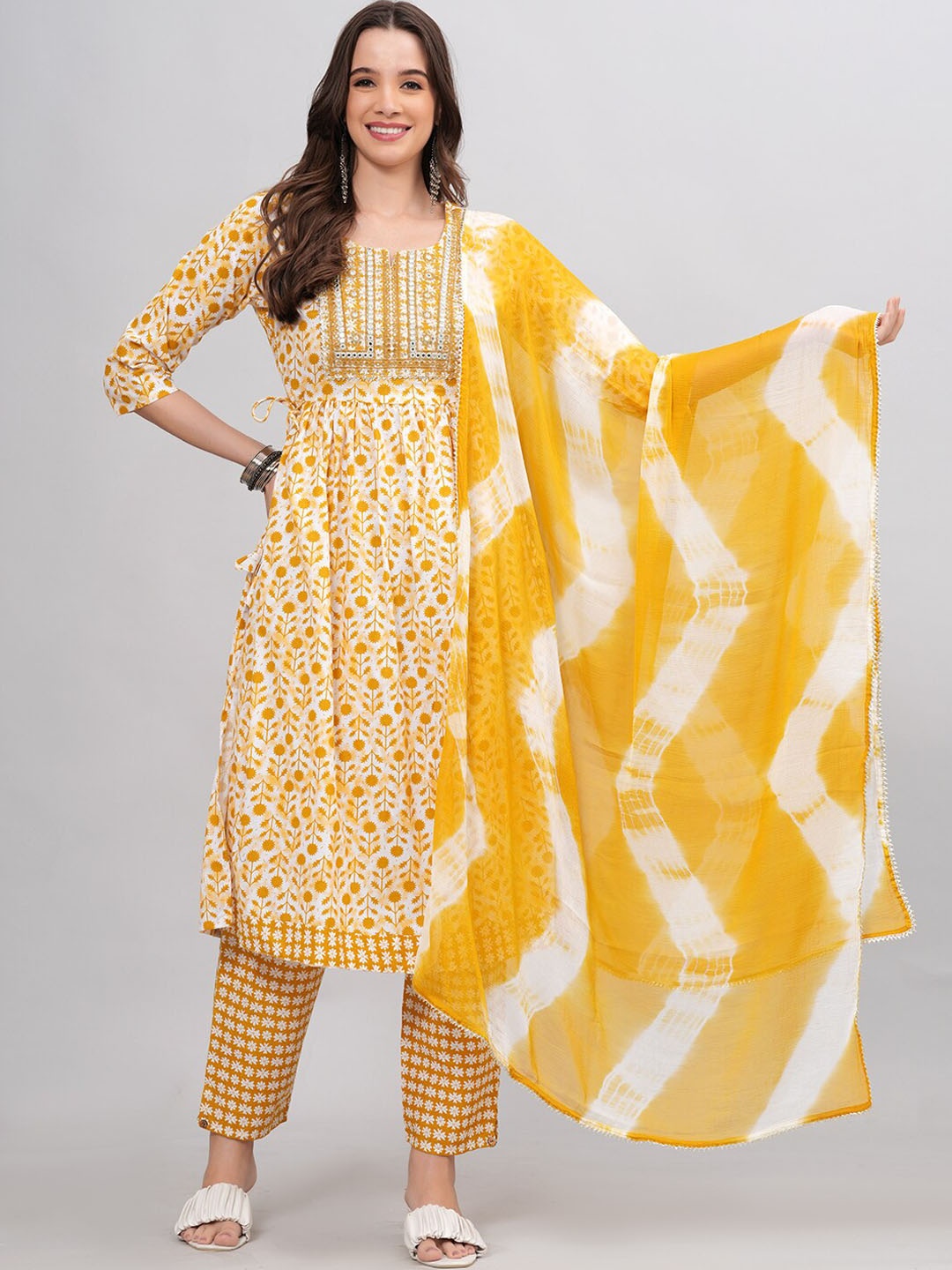 

JC4U Floral Printed Round Neck Gotta Patti Pure Cotton Kurta With Trousers & Dupatta, Yellow
