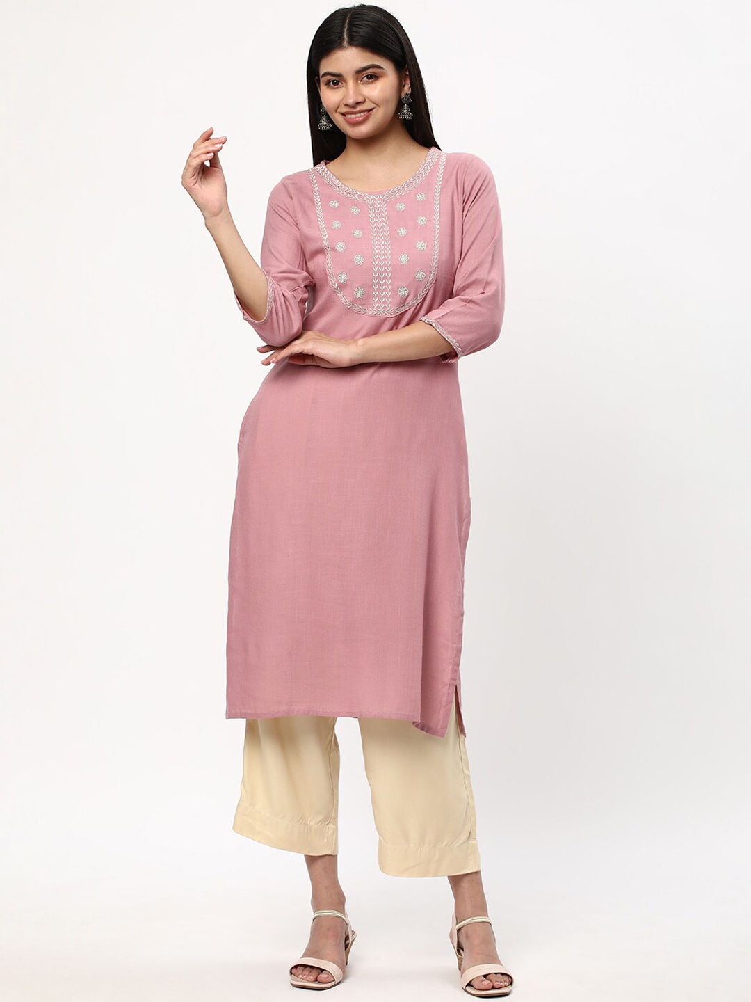 

R&B Women Yoke Design Flared Sleeves Sequinned Kurta, Pink