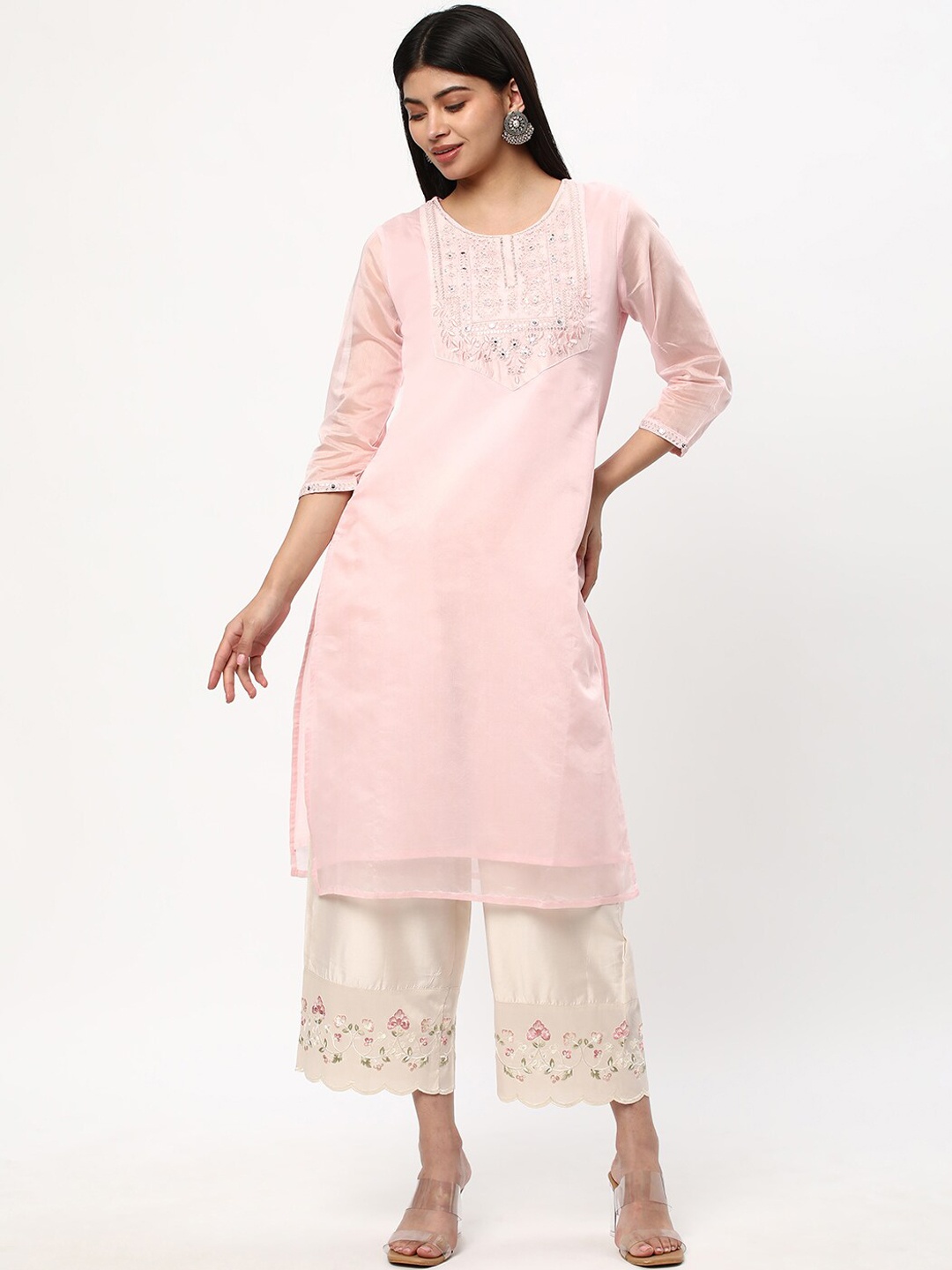 

R&B Women Geometric Cold-Shoulder Sleeves Mirror Work Kurta, Pink
