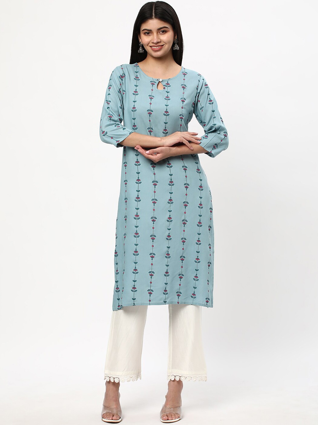 R&B Women Dyed Flared Sleeves Mirror Work Kurta, Blue