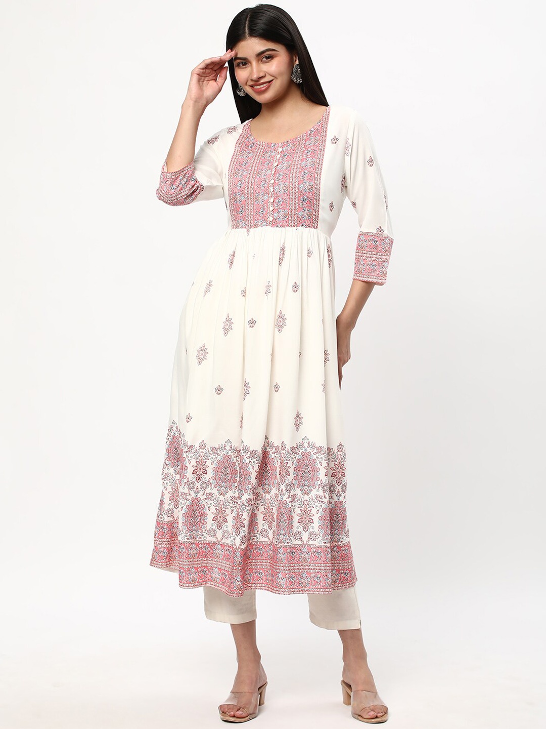 

R&B Women Floral Printed Flared Sleeves Patchwork Anarkali Kurta, White