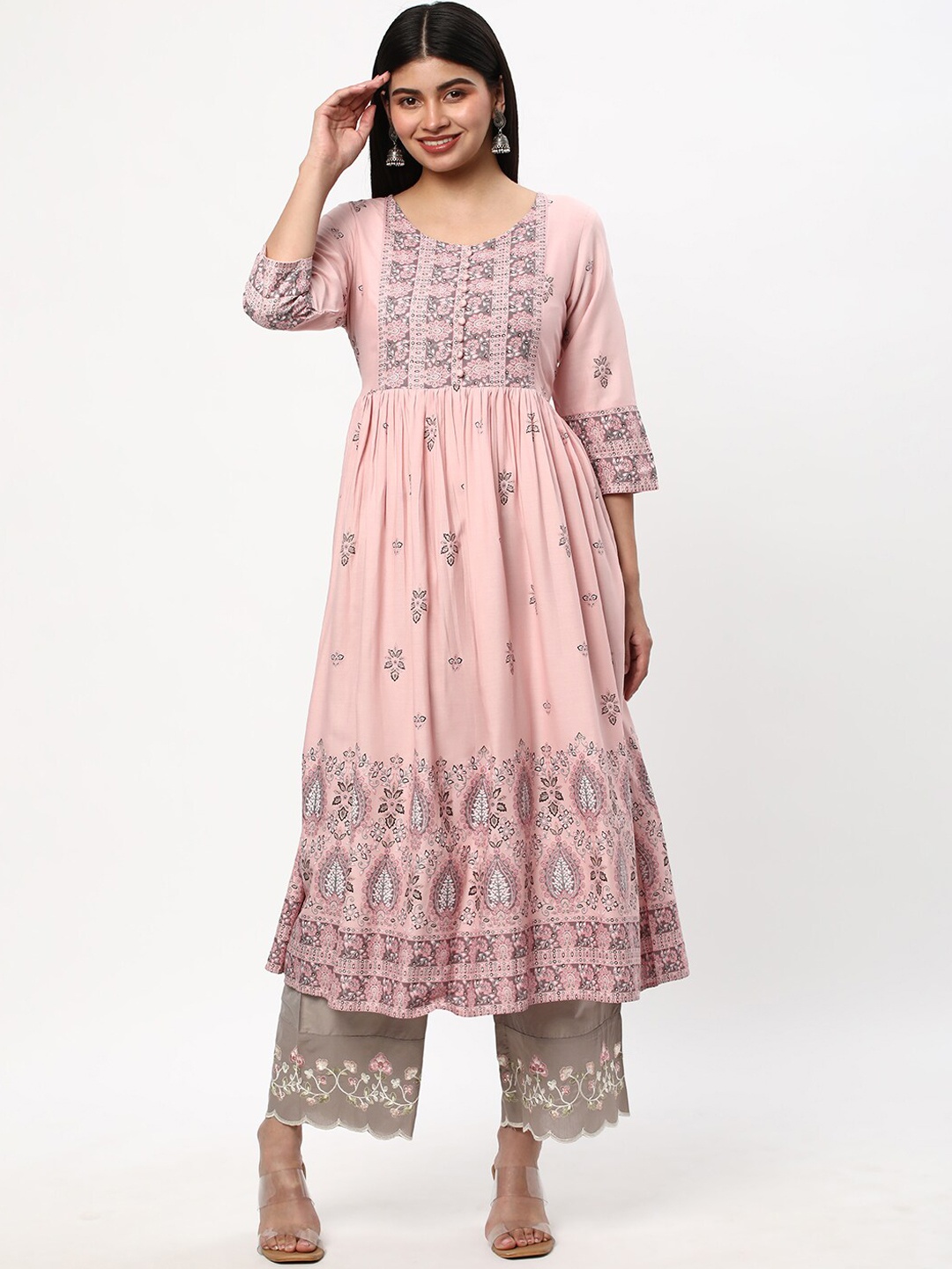 

R&B Women Ethnic Motifs Embroidered Flared Sleeves Thread Work Anarkali Kurta, Pink