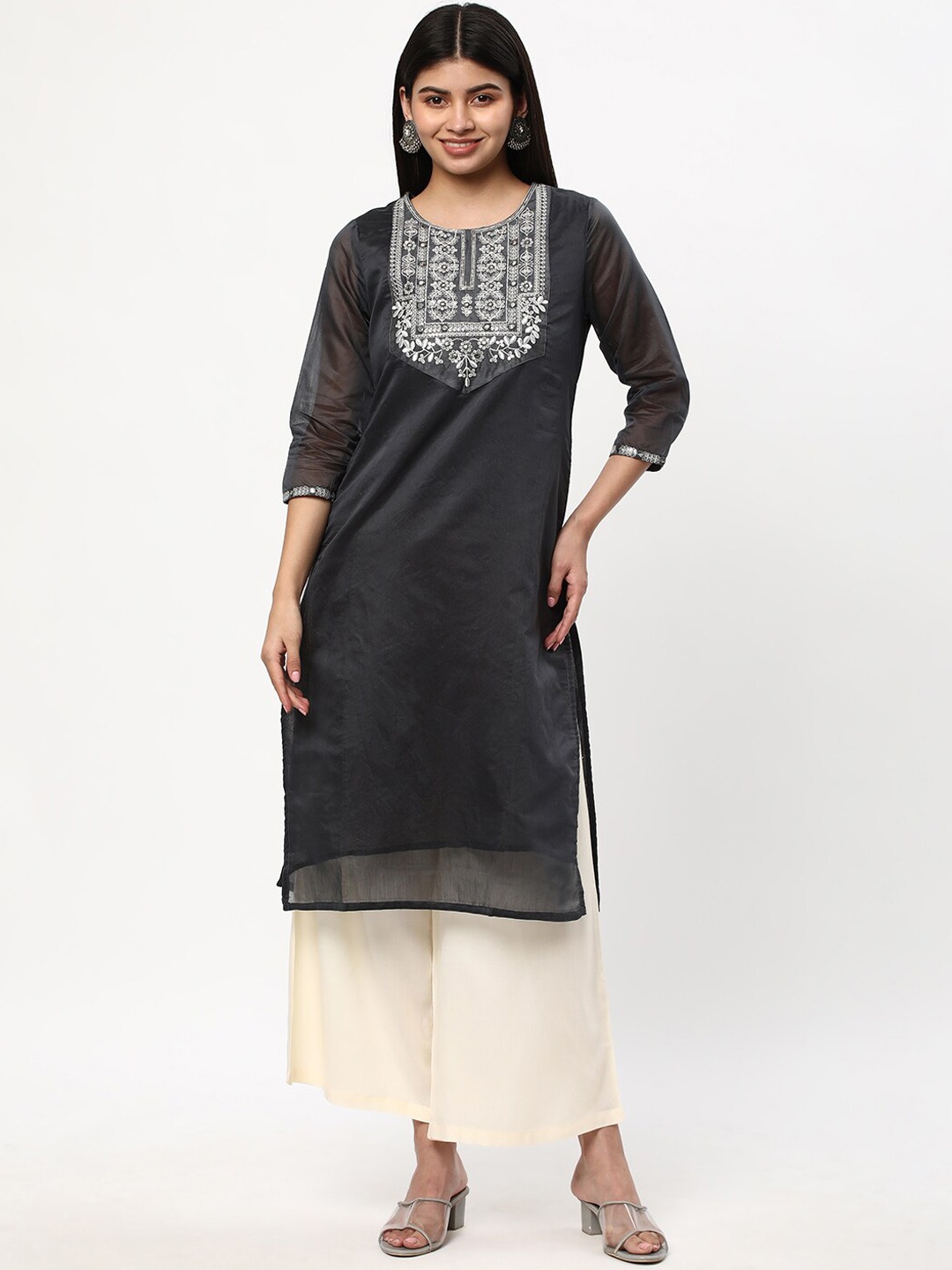 

R&B Women Floral Thread Work Kurta, Grey