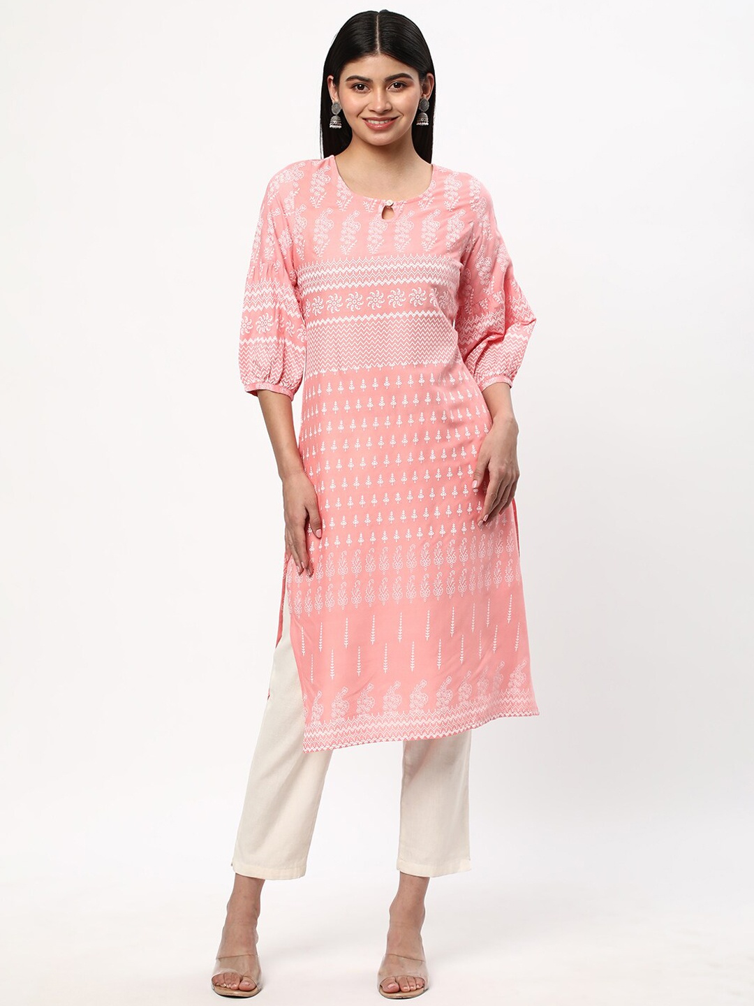 

R&B Women Ethnic Motifs Striped Thread Work Kurta, Pink