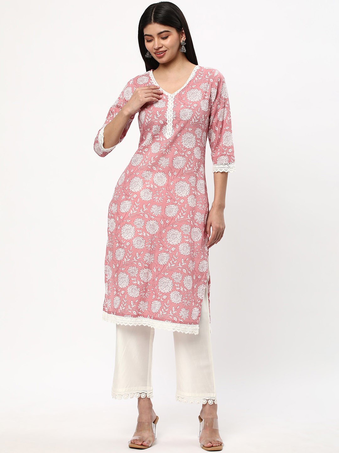 

R&B Women Floral Printed Chikankari Kurta, Pink