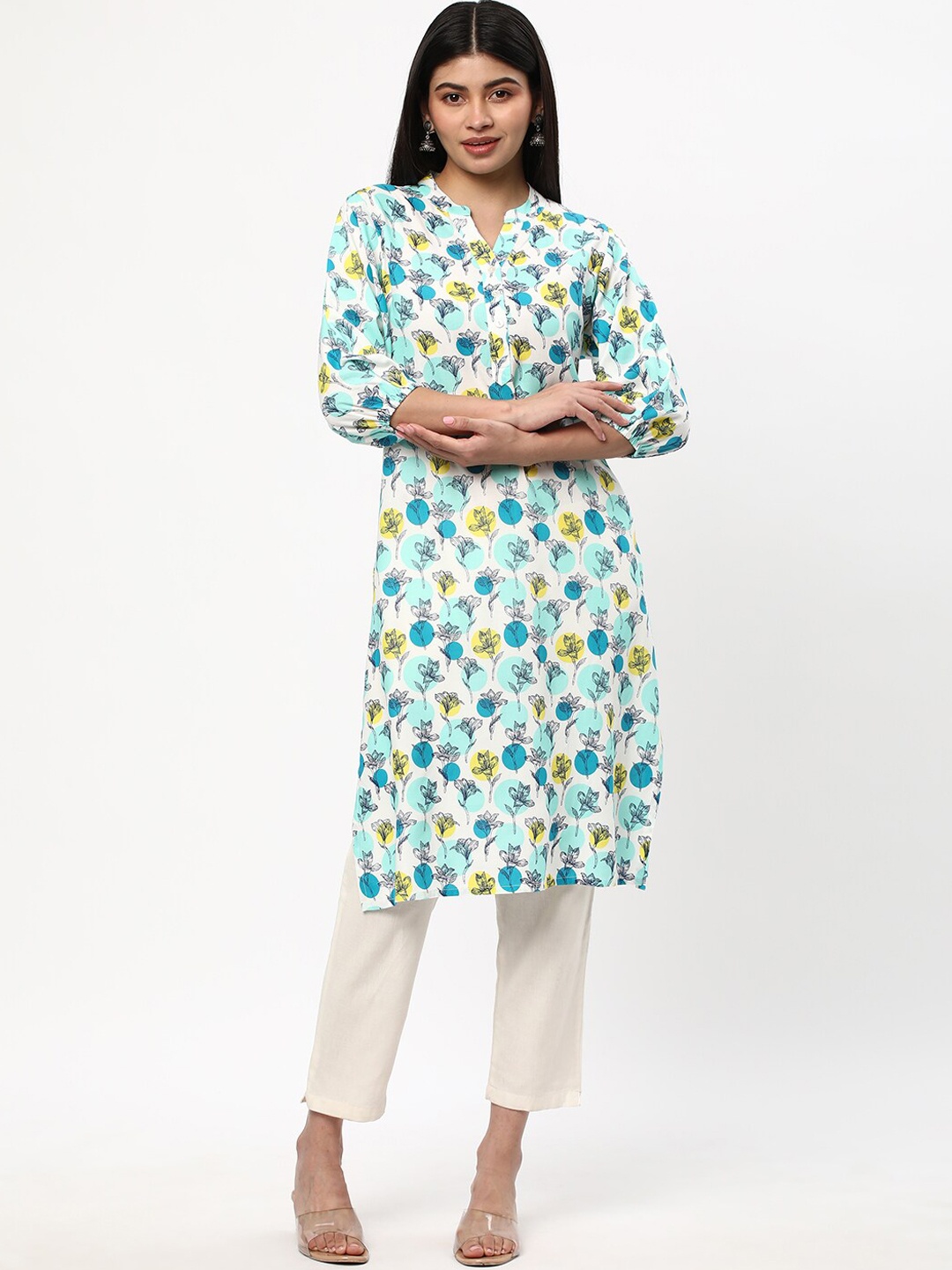 

R&B Women Floral Printed Thread Work Kurta, Blue