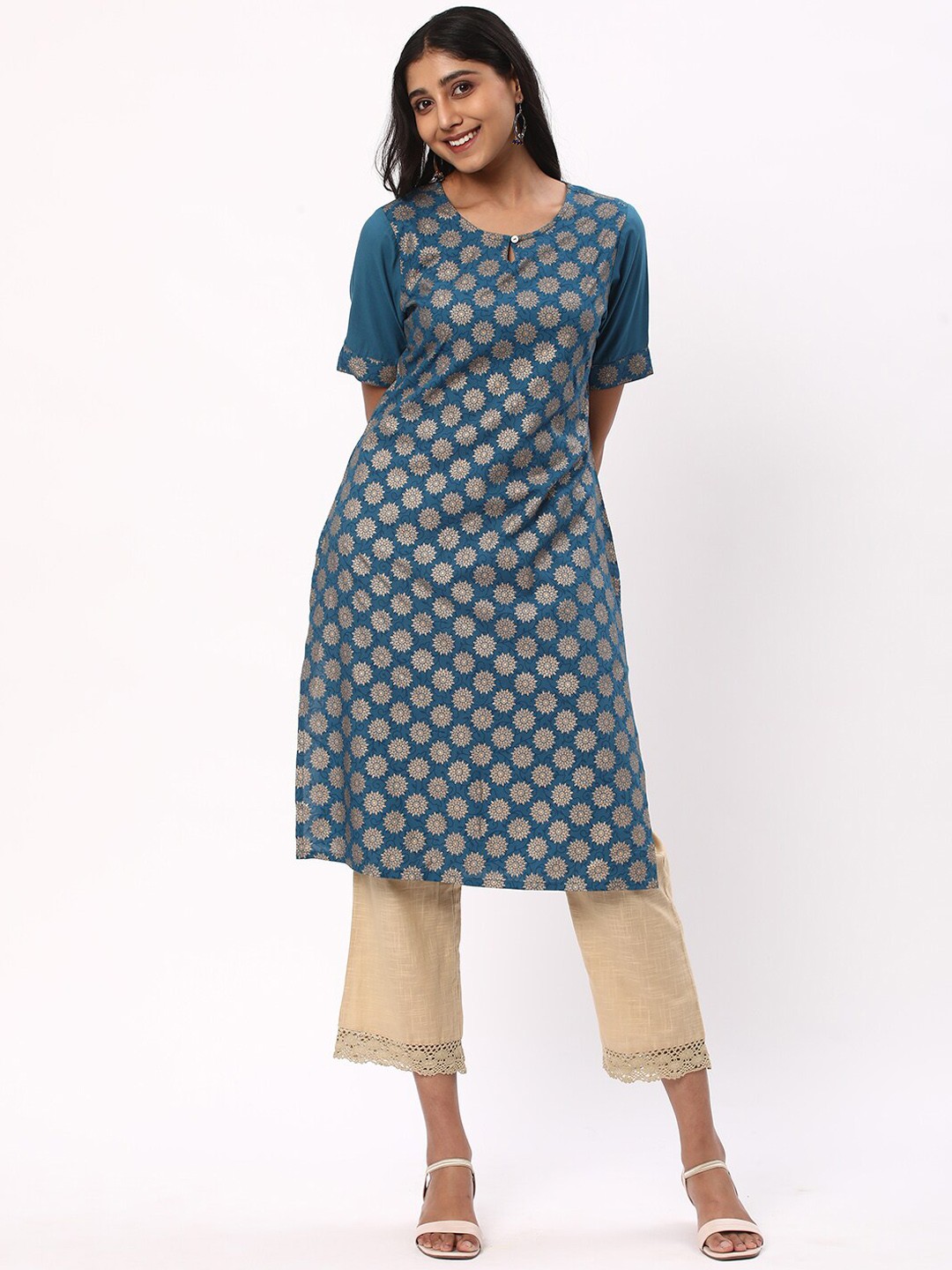 

R&B Women Floral Cold-Shoulder Sleeves Kurta, Green
