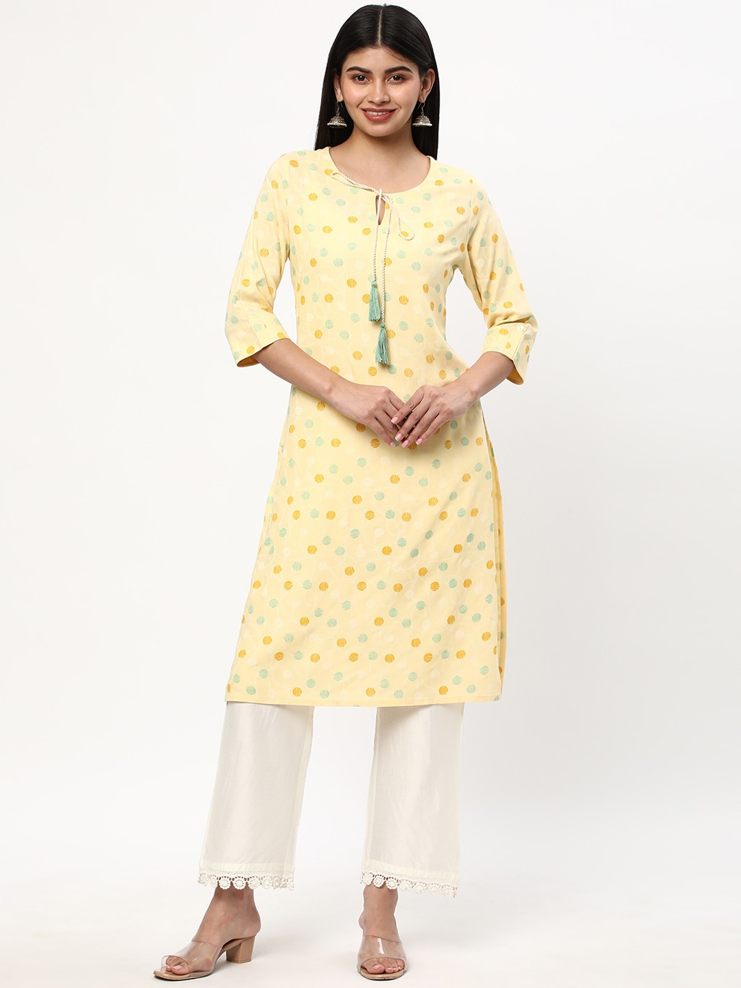 

R&B Women Checked Keyhole Neck Flared Sleeves Sequinned Kurta, Yellow