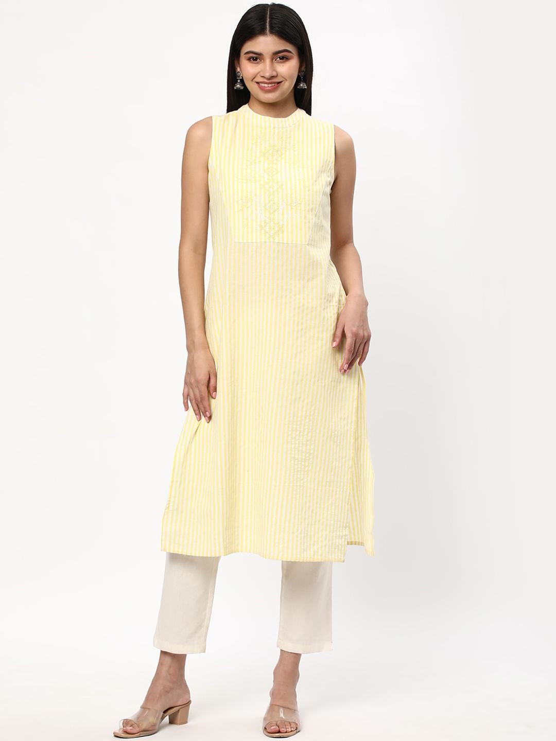 

R&B Women Striped Thread Work Kurta, Yellow