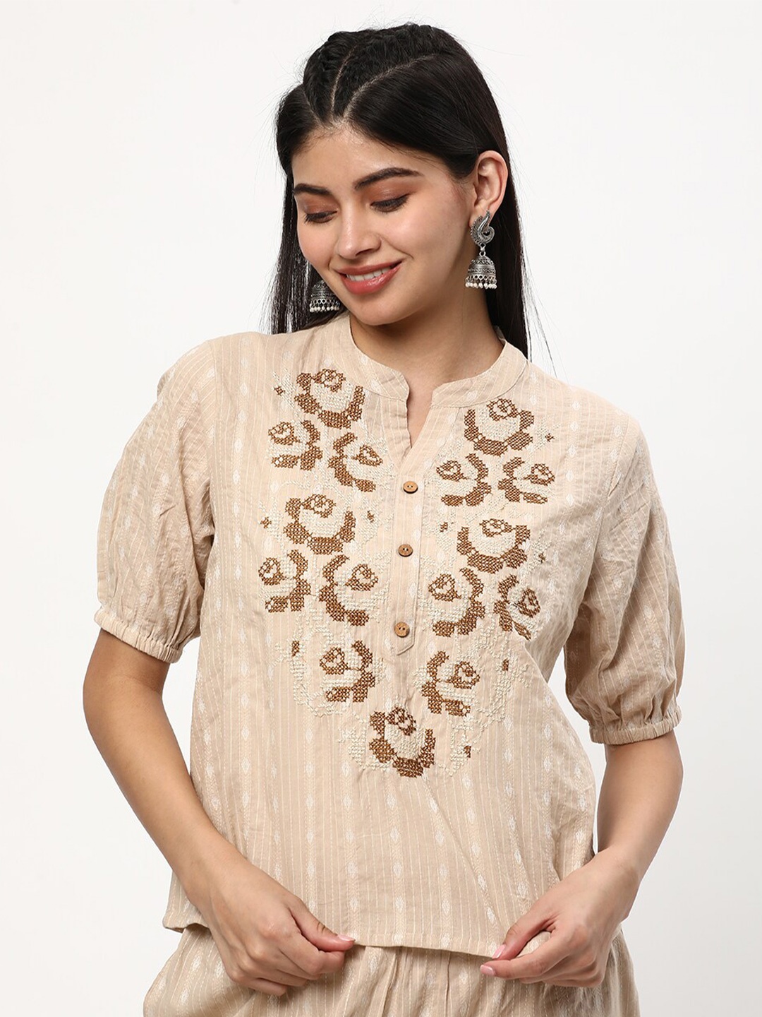 

R&B Puff Sleeve Cotton Styled Back Top, Beige
