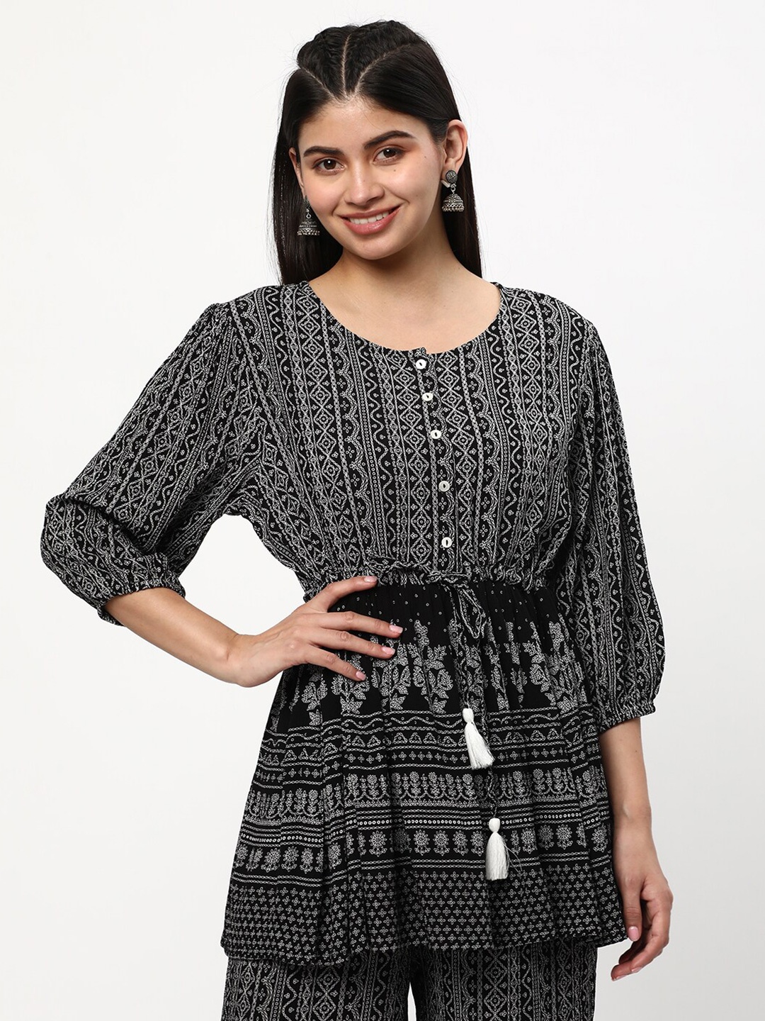 

R&B Geometric Print Puff Sleeve Cinched Waist Top, Black