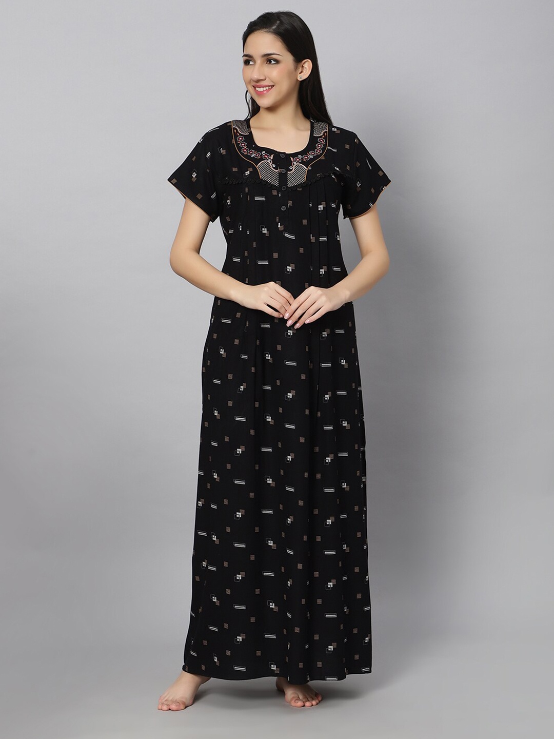 

QUIRA Geometric Printed Lace Detail Maxi Nightdress, Black