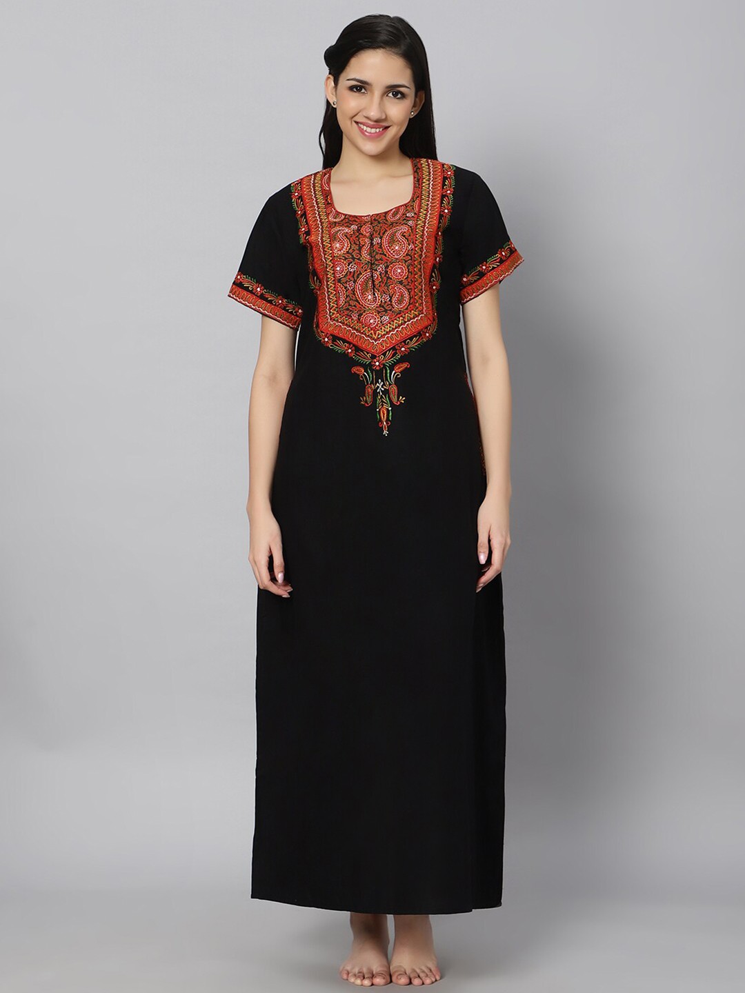 

QUIRA Paisley Embroidered Maxi Nightdress, Black