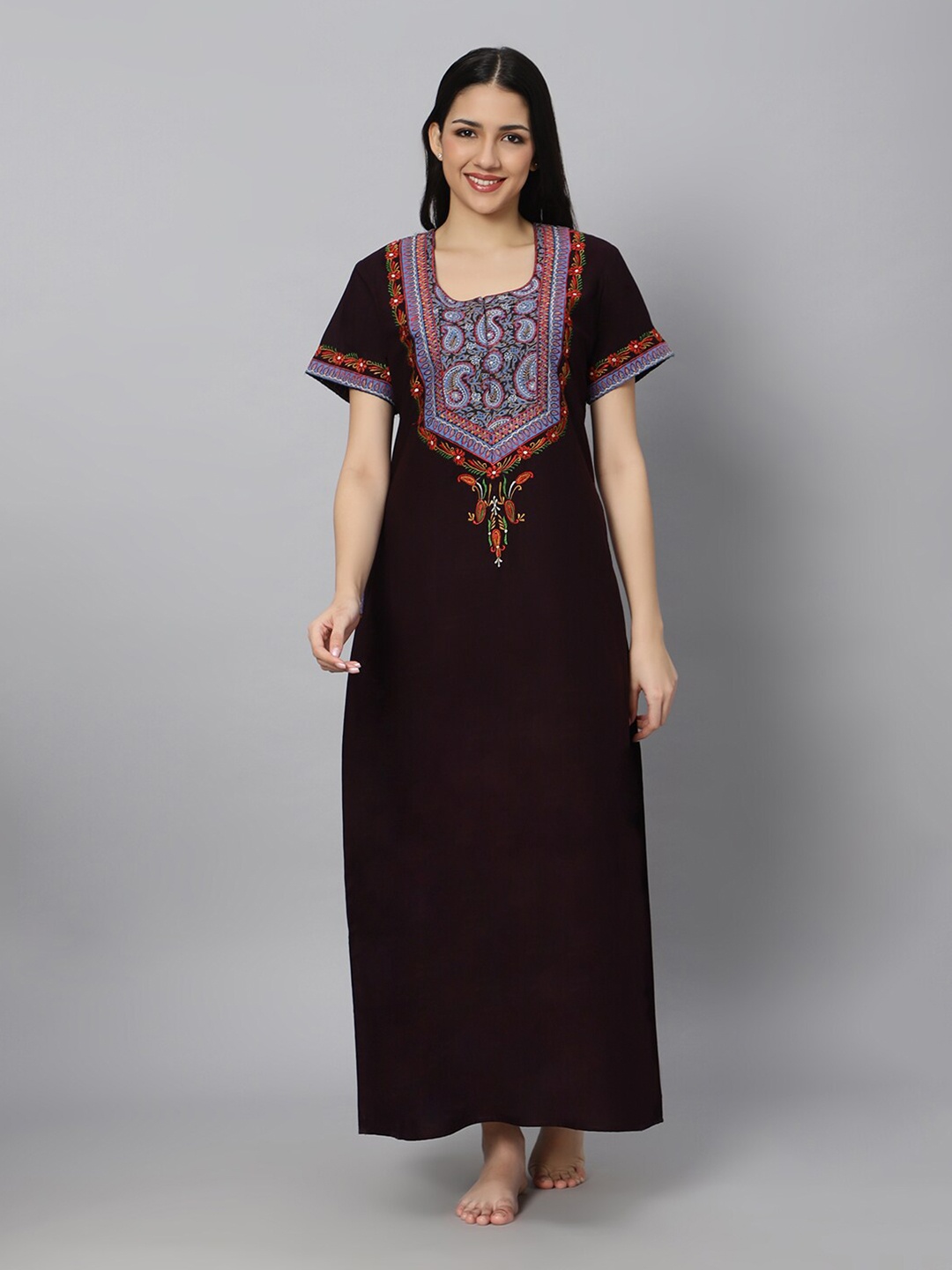 

QUIRA Paisley Embroidered Detail Maxi Nightdress, Maroon