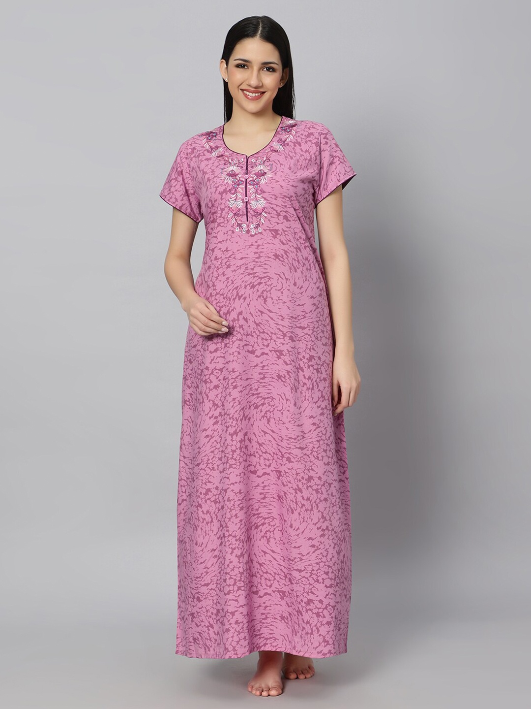 

QUIRA Abstract Printed Embroidered Detail Maxi Nightdress, Pink