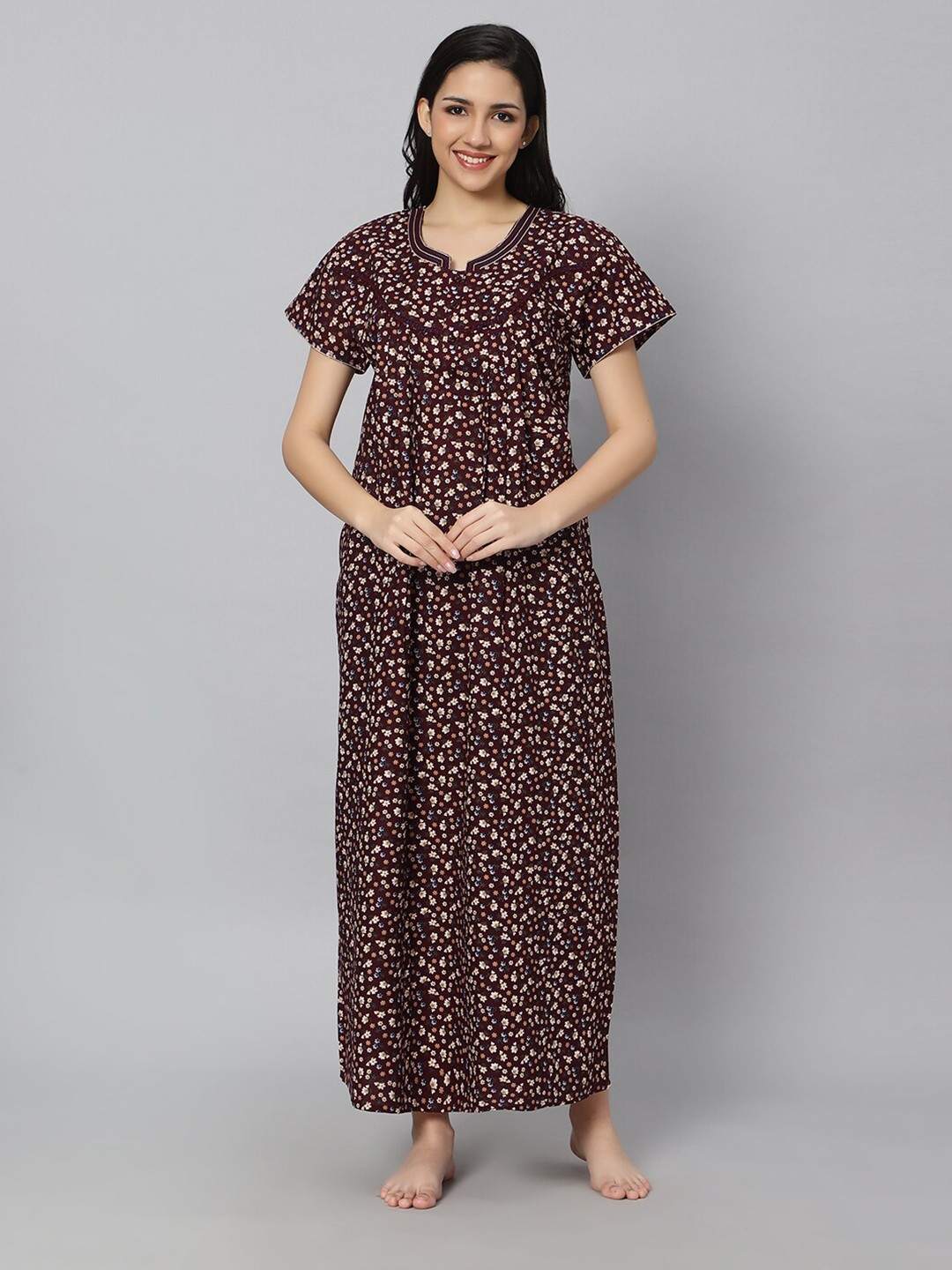 

QUIRA Printed Cotton Maxi Nightdress, Burgundy